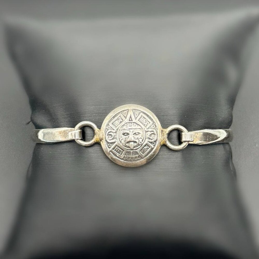 Vintage 925 sterling silver OBSIDIAN AZTEC CALENDAR Bangle Bracelet  - MEXICO